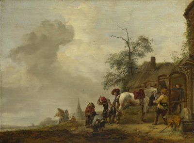 Een paard wordt beslagen buiten een dorpssmederij door Philips Wouwerman